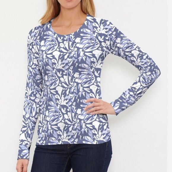 Whimsy Rose Blue and White Floral Long Sleeve Waffle Thermal Tee - Picture 1 of 5